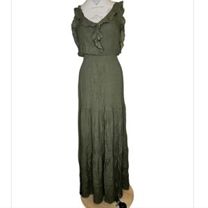 Entro Olive Green Tiered Ruffle Maxi Dress Size M